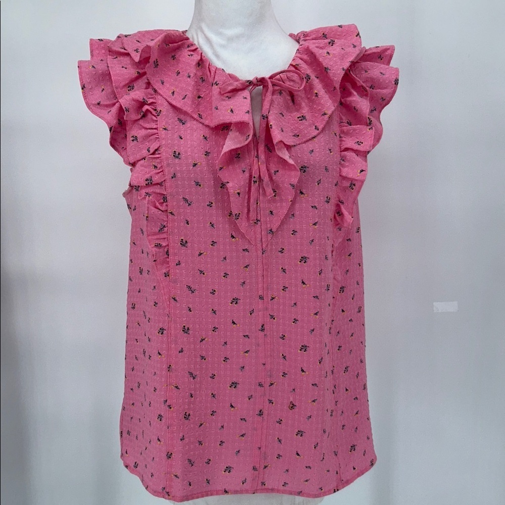 LOFT Women’s Floral Ruffle Tie Neck Top Size Medium Sleeveless Top - Picture 3 of 9